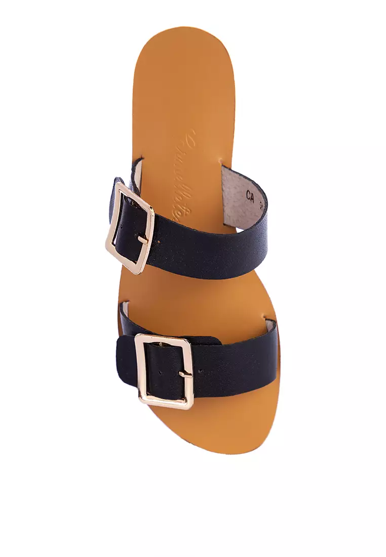 Two Strap Leather Slide Flats