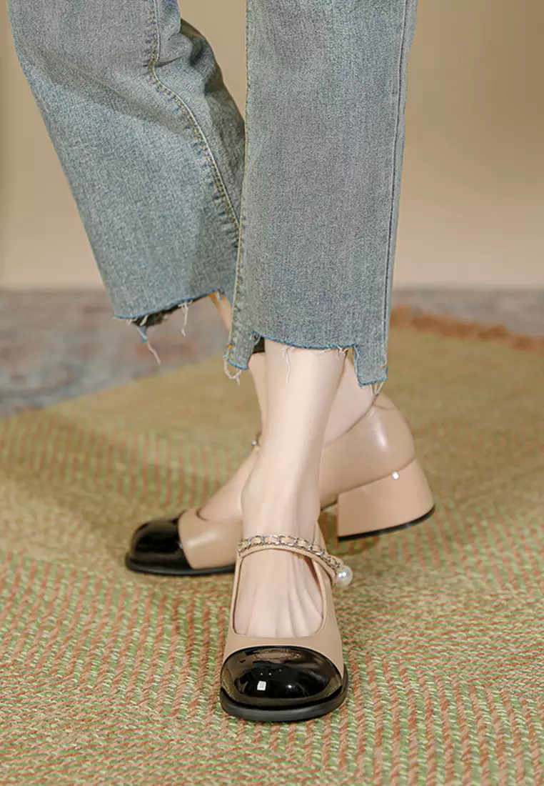 4CM Color Matching Pearl Strap Mary Jane Shoes TE3902-3