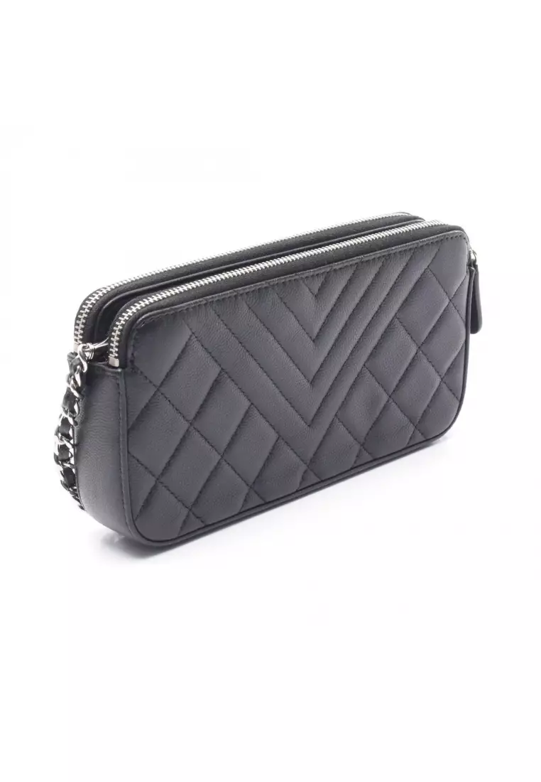 Pre-Loved Chanel Double zip chain wallet Caviar skin black silver hardware