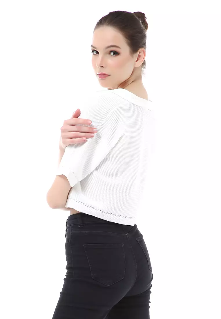 Albertine Atasan Crop Wanita Lengan Pendek Blouse Vneck Motif Polos Material Rajut ORIGINAL - White