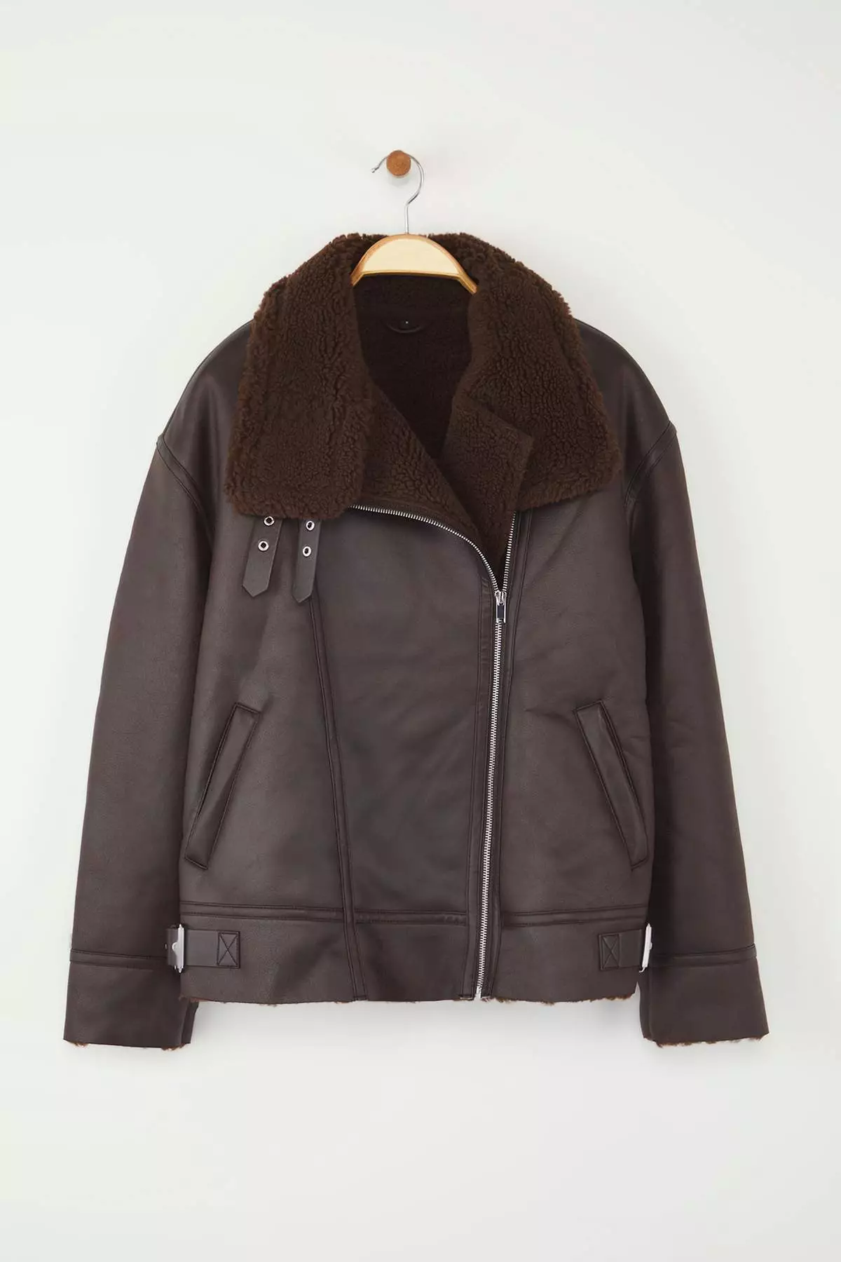 Dark Brown Regular Fit Collar Belt Detailed Plush Suede Biker Jacket Coat Twoaw25Mo00011