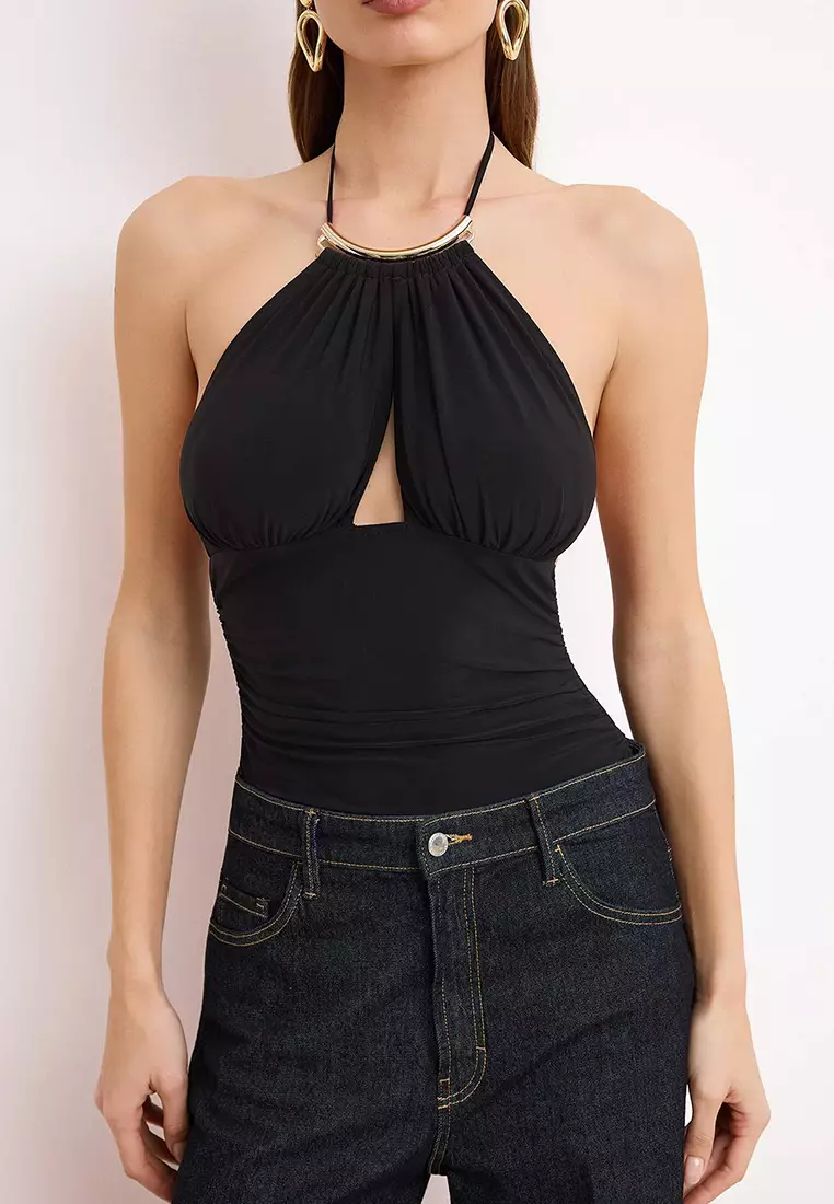 Black Accessory Detailed Gathered Party Body Tprss26Bd16