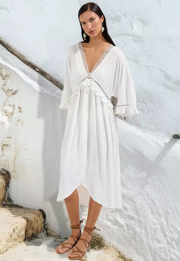 Ecru Maxi Woven Flounce Beach Dress TBESS25EL00075