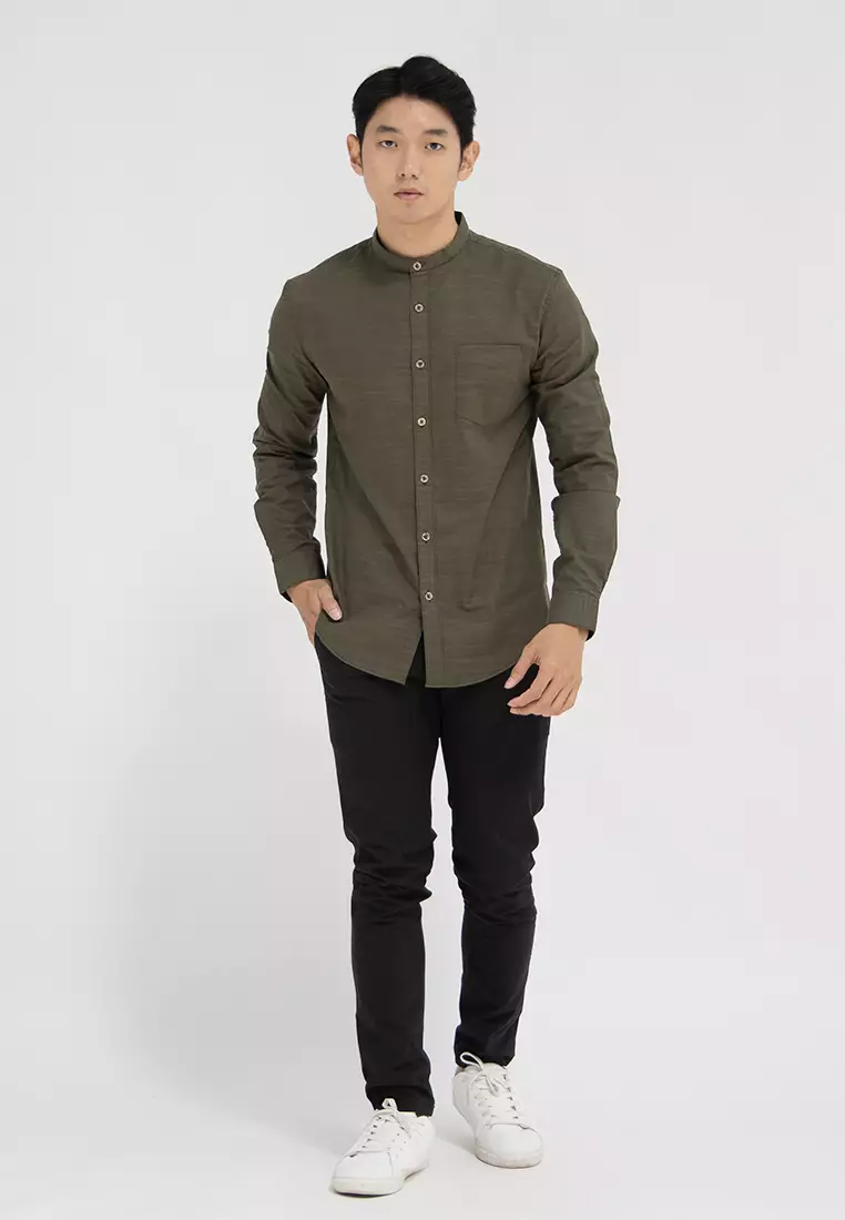 Kemeja collarless koko Slub sage OXCON dark sage