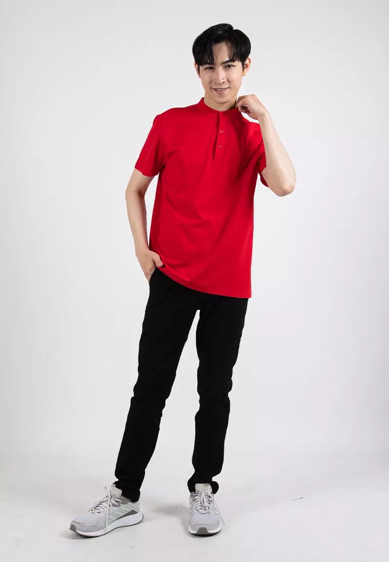 Forest Premium Weight Cotton Stretchable Mandarin Collar T Shirt Men Slim Fit Tee | 23856-51Red