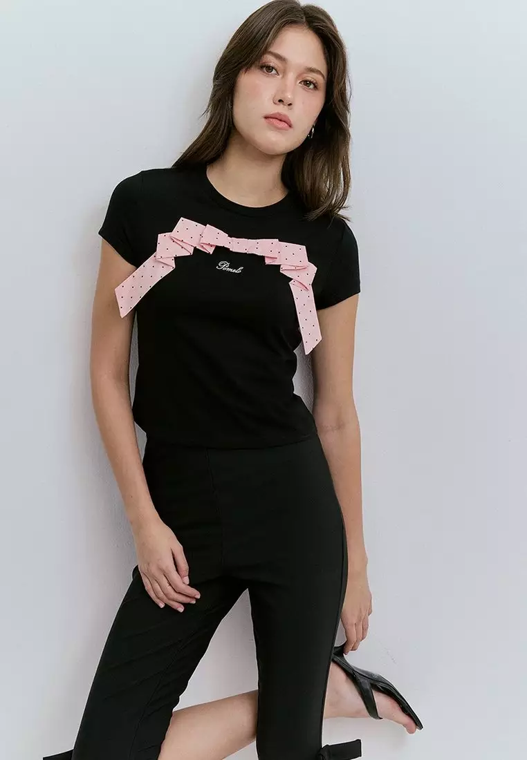 Buy Pomelo Graphic T-Shirt with Gingham Ribbon Bow Print and Logo ...