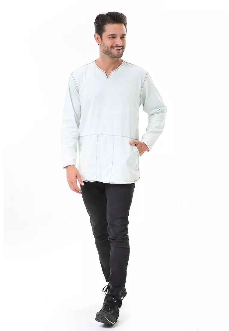Leopold Kemeja Koko Jeans Pria Lengan Panjang Long Shirt Material Denim ORIGINAL - Soft Blue
