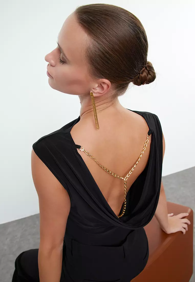 Black Back Detailed Chain Accessory Cowl Neck Knitted Blouse