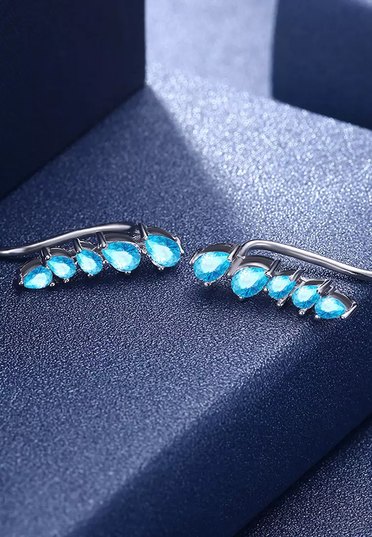 Solid 925 Sterling Silver Ocean Blue Wave Hook Earrings