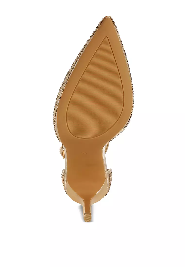 Pearls & Sequins Embellished Stiletto Sandals in Gold