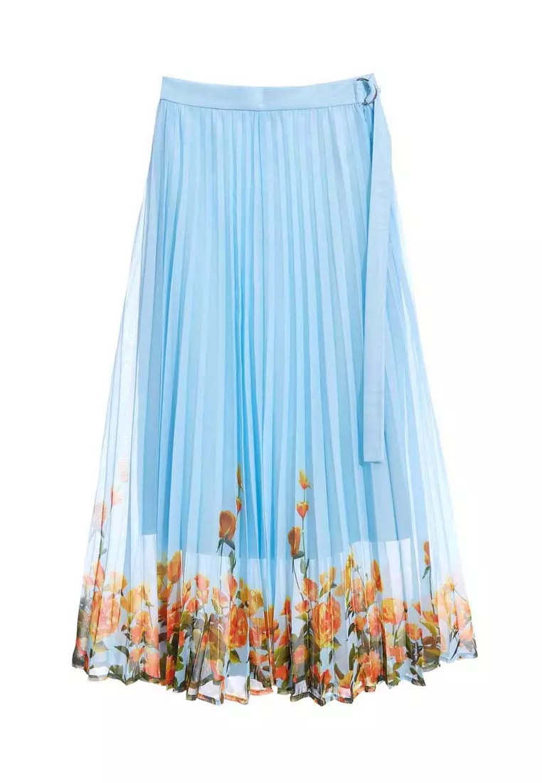Blue Pleated Chiffon Skirt With Contrast Floral Print