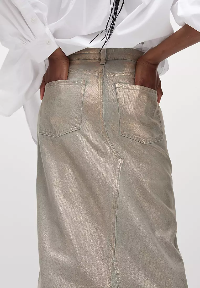 Denim Foil Metallic Maxi Skirt