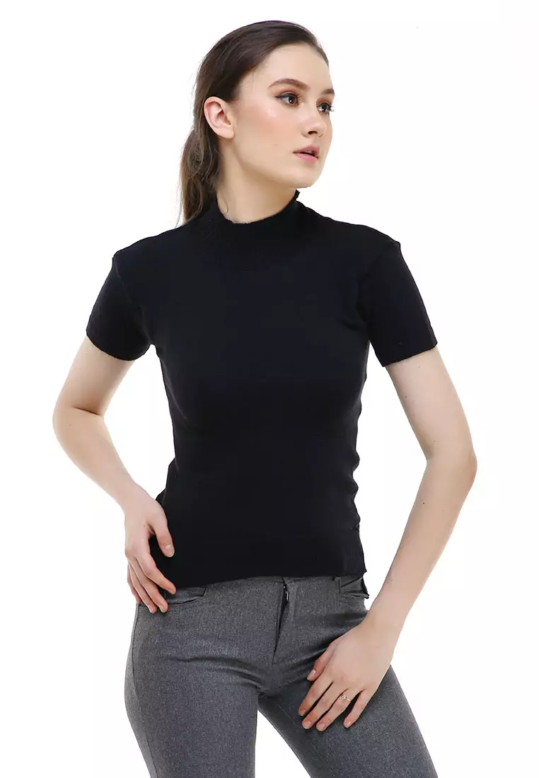 Earl Tshirt Lengan Pendek Turtleneck Design Simple Atasan Wanita - Hitam
