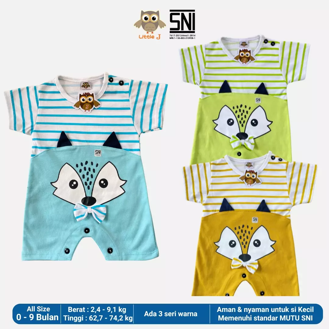 Little J - Racoon (Kuning) Jumpsuit Bayi 0-9 Bulan Jumper Bayi Lengan Pendek Jumper Kancing Snap Jumpsuit Anak Balita Cowok Baju Bayi