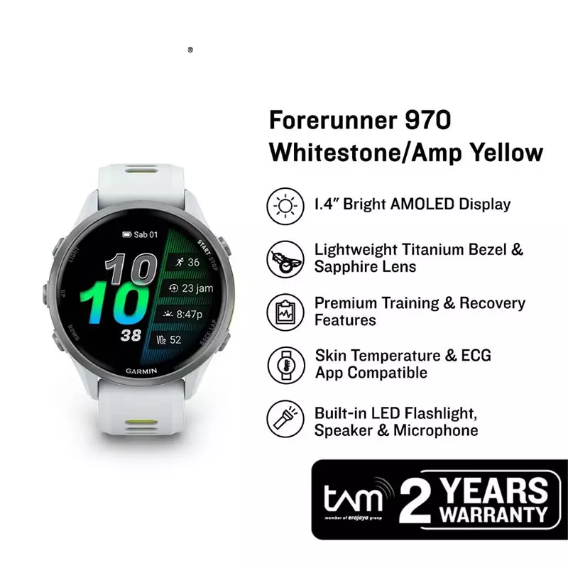 Jam Tangan Unisex Garmin Forerunner 970 010-02969-61 Smartwatch Titanium Whitestone/Translucent Amp Yellow Band