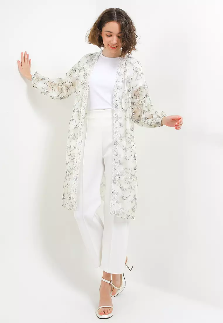 Lantern Sleeve Diamond Detail Lace Trimmed Flo Print Jacq Outer