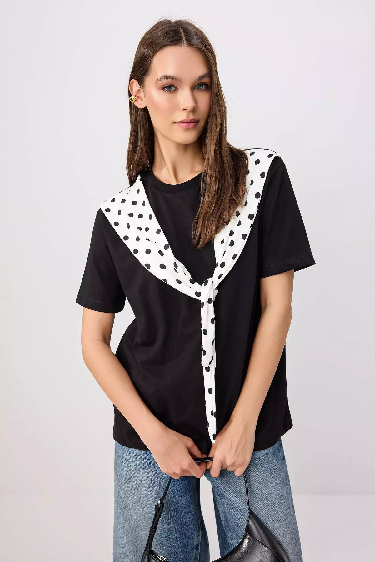 Black Oversized /Wide Fit Short Sleeve Tie Detail Long Soft Knitted T-Shirt Twoss26Ts00269