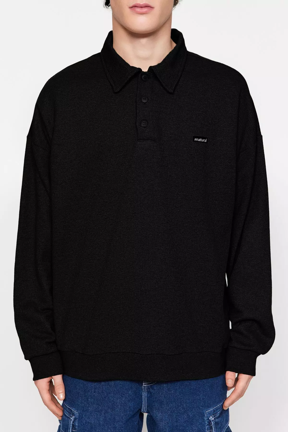 Black Oversize/Wide Cut Labeled Textured Polo Collar Non-raised Sweatshirt TMNAW24SW00224