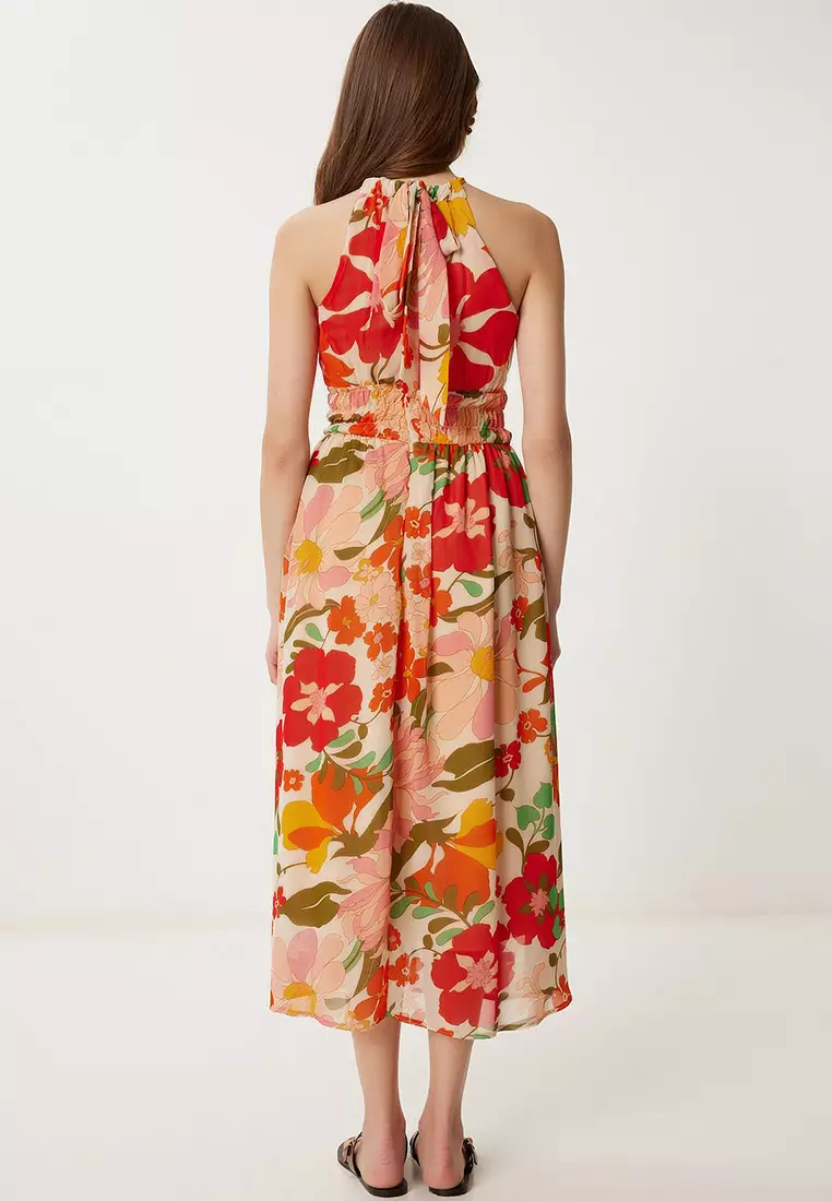 Women's Orange Pink Patterned Flounced Midi Chiffon Dress Fg00029