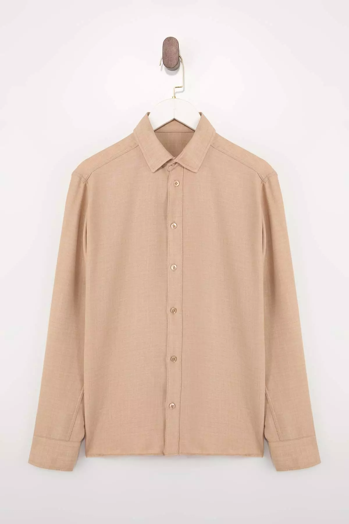 Beige Regular Fit Linen-Look Long Sleeve Men'S Woven Shirt Tmnss26Go00009