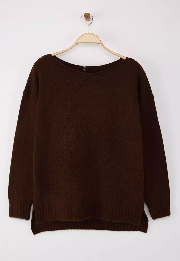 Brown Wool Boat Neck Basic Knitwear Sweater