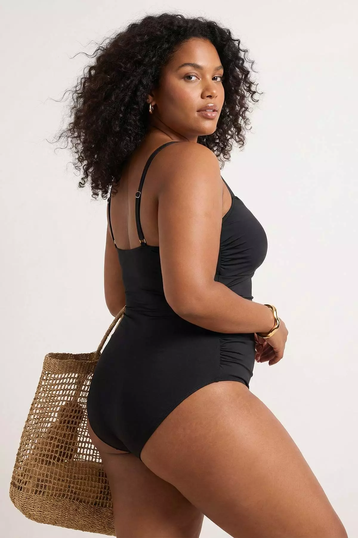 Black Square Collar Accessory Draped Plus Size Swimwear Tbbss26Am00012