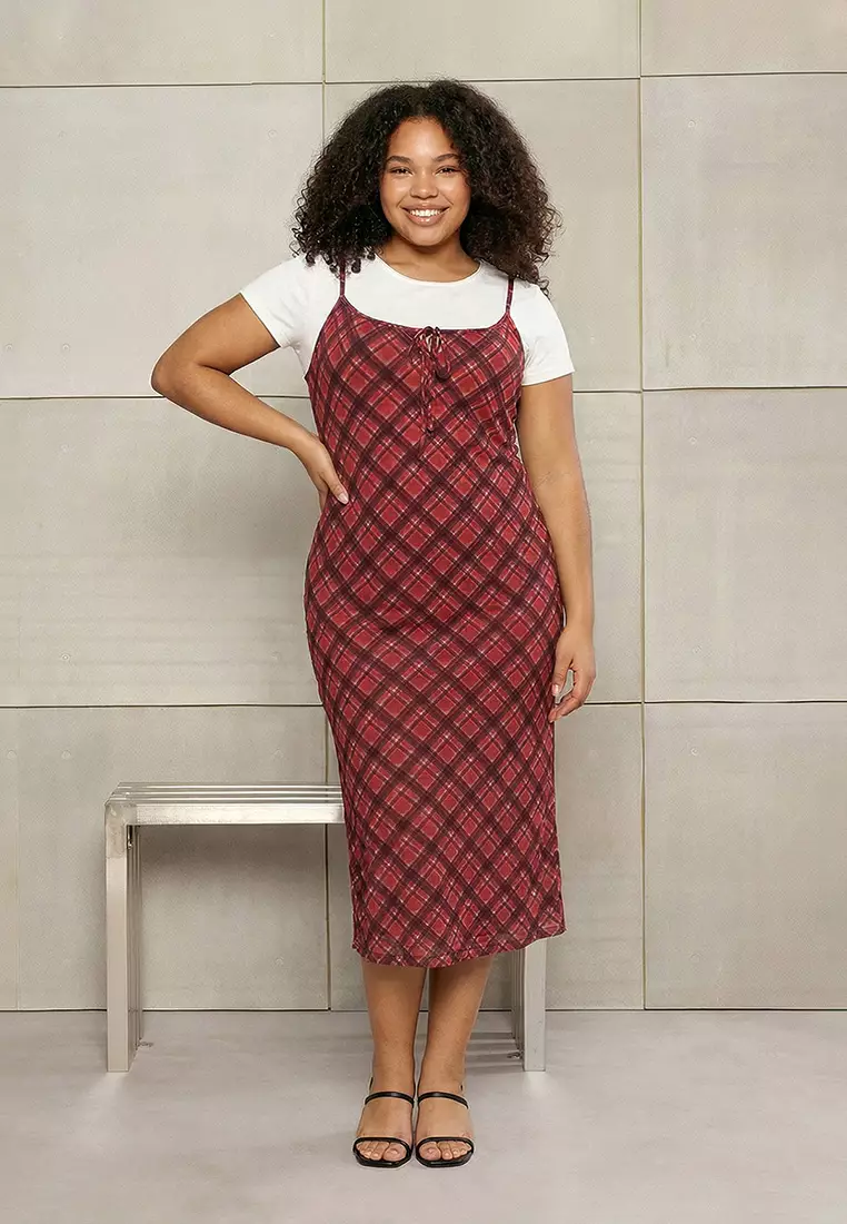 Teen Red Lacing Detailed Plaid Tulle Maxi Stretchy Knitted Plus Size Dress Tbbss26Ah00130