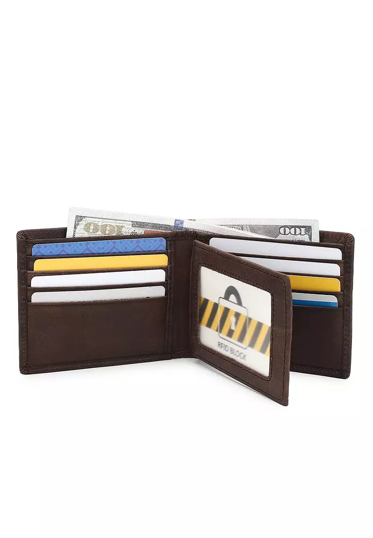 Genuine Leather RFID Short Wallet - Brown