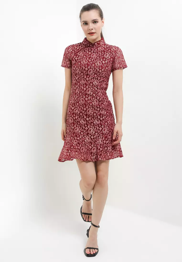 Ruffle Hem Two Tones Lace Qipao Dress
