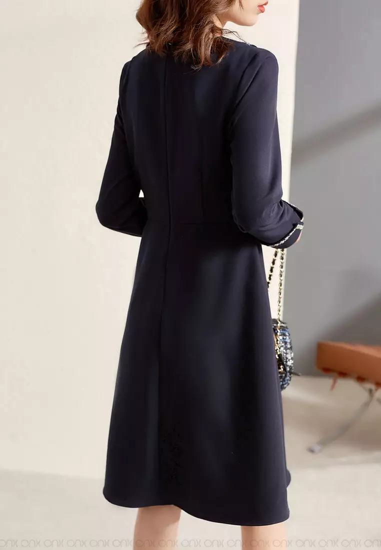 Elegant Webbing Panel Long Sleeve Dress