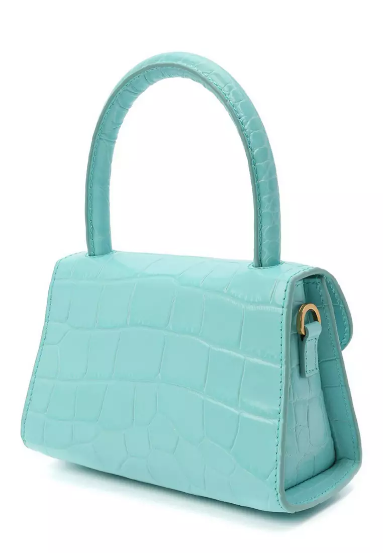 By Far Mini Croco Embossed Leather Shoulder Bag in Aqua Blue