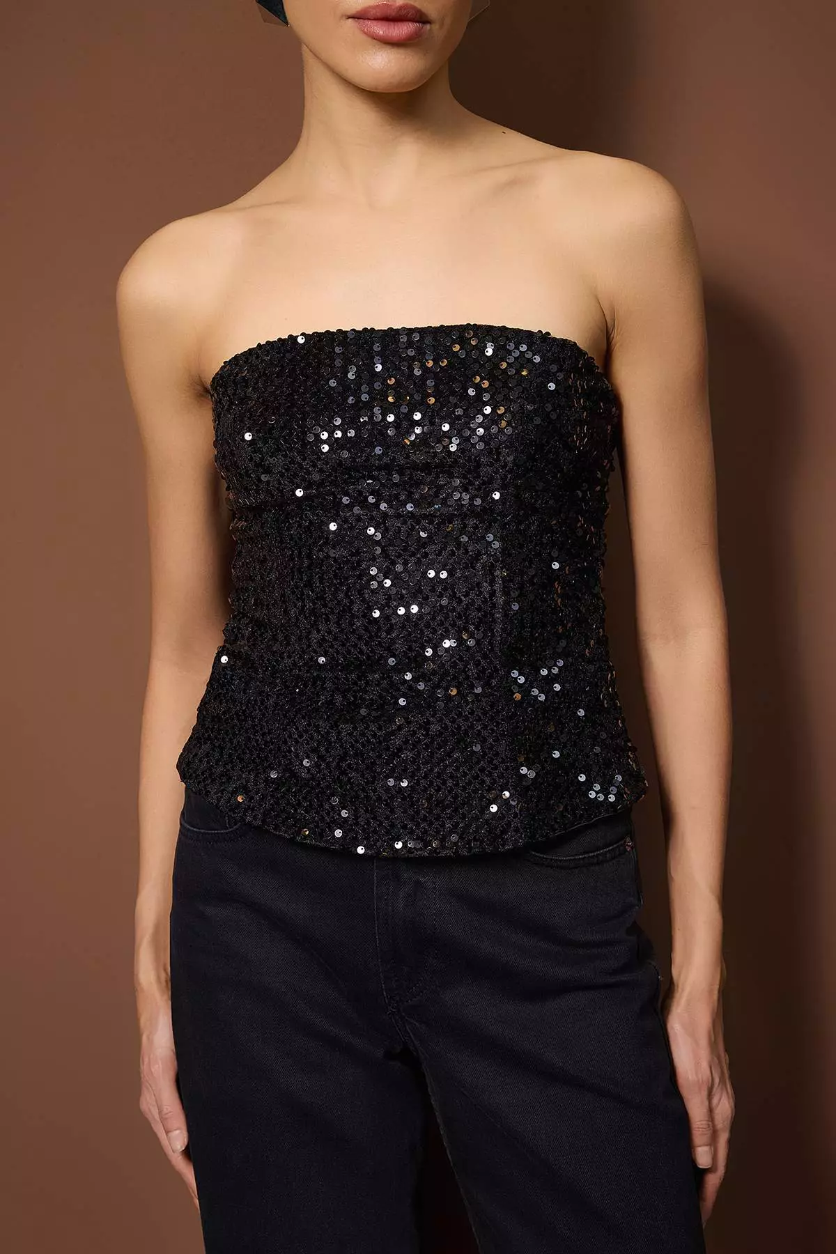 Black Strapless Sequined Bodycon Party Blouse Tpraw26Bz59