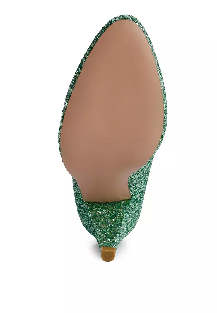 Green Glitter Conical Heel Pumps