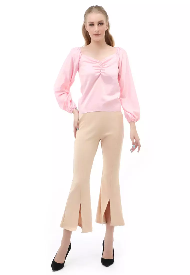 Cheva Blouse Casual Wanita Sabrina Kerut Dada Lengan Panjang Material Satin ORIGINAL - Pink