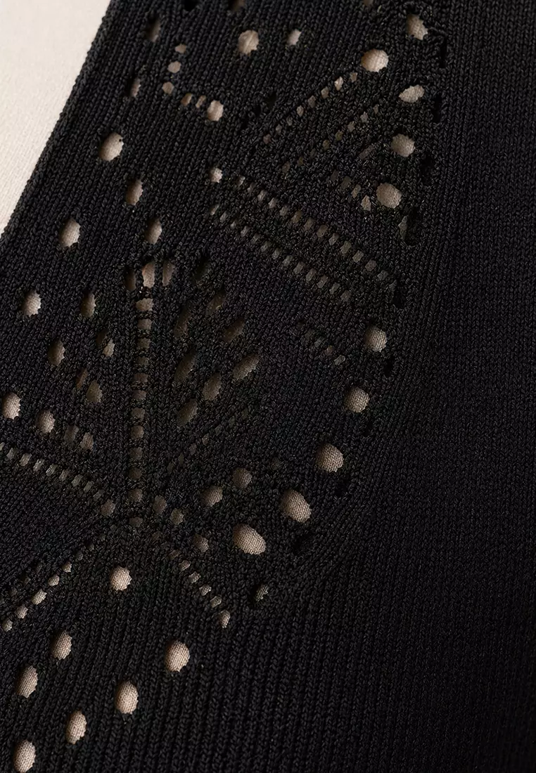 Women's Black Front Back V-Neck Openwork Summer Knitwear Blouse