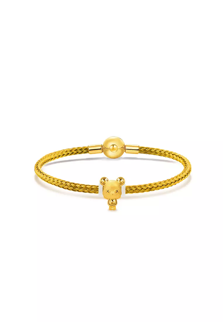 THE Mix Collection 999.9/24K Pure Gold Violent Bear Charm Gold Steel Wire Clasp Bracelet Set L11-B637B