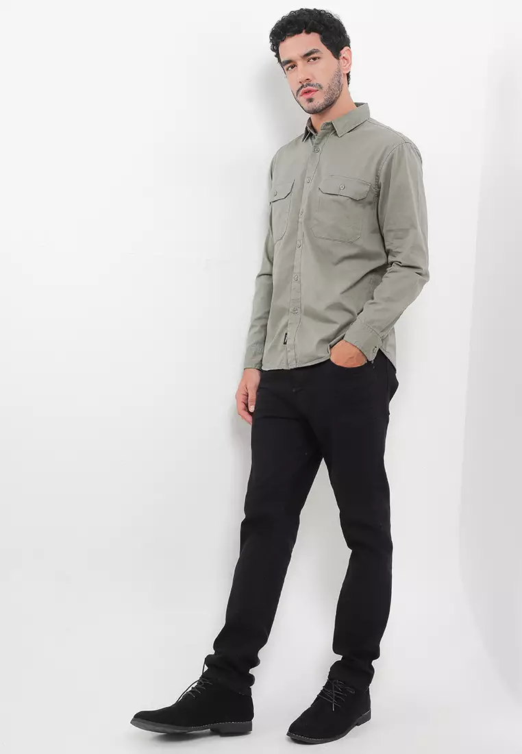 TRIPLE Kemeja Lengan Panjang Slim Fit (LS 535) Olive