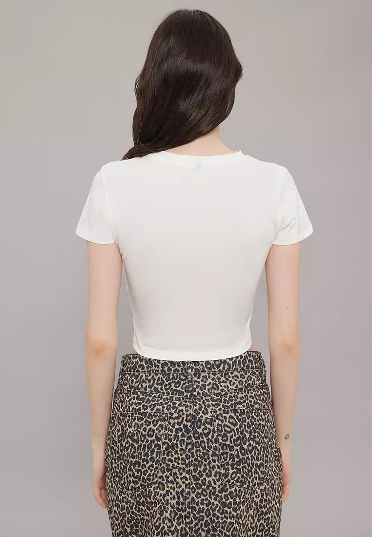 Ecru Slogan Printed Crop Fitted Knitted T-Shirt