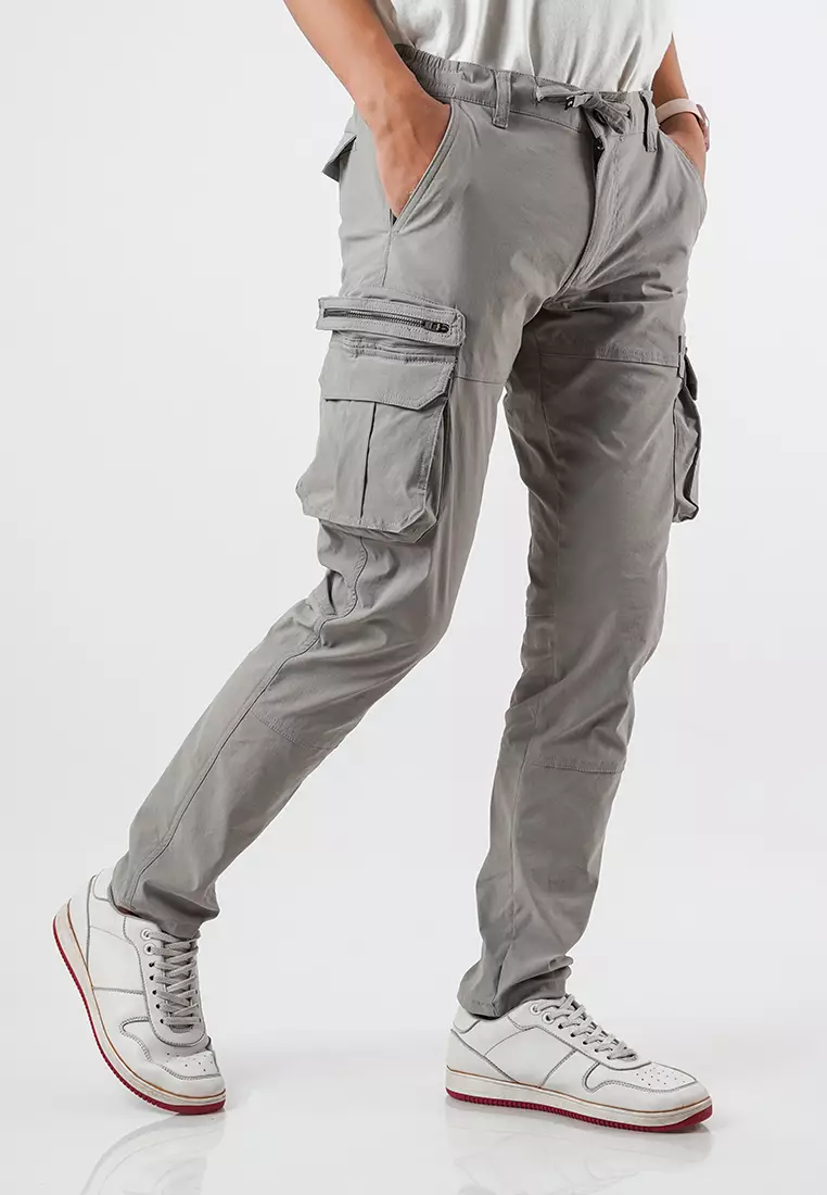 OXCON Celana Cargo Panjang Pria Pinggang Karet Slimfit Sparta Light Grey