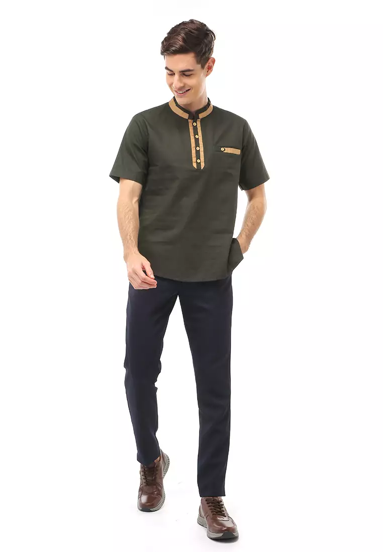 Dwan Atasan Formal Pria Kemeja Koko Motif List Kancing Short Sleeve Material Cotton ORIGINAL - Army Green