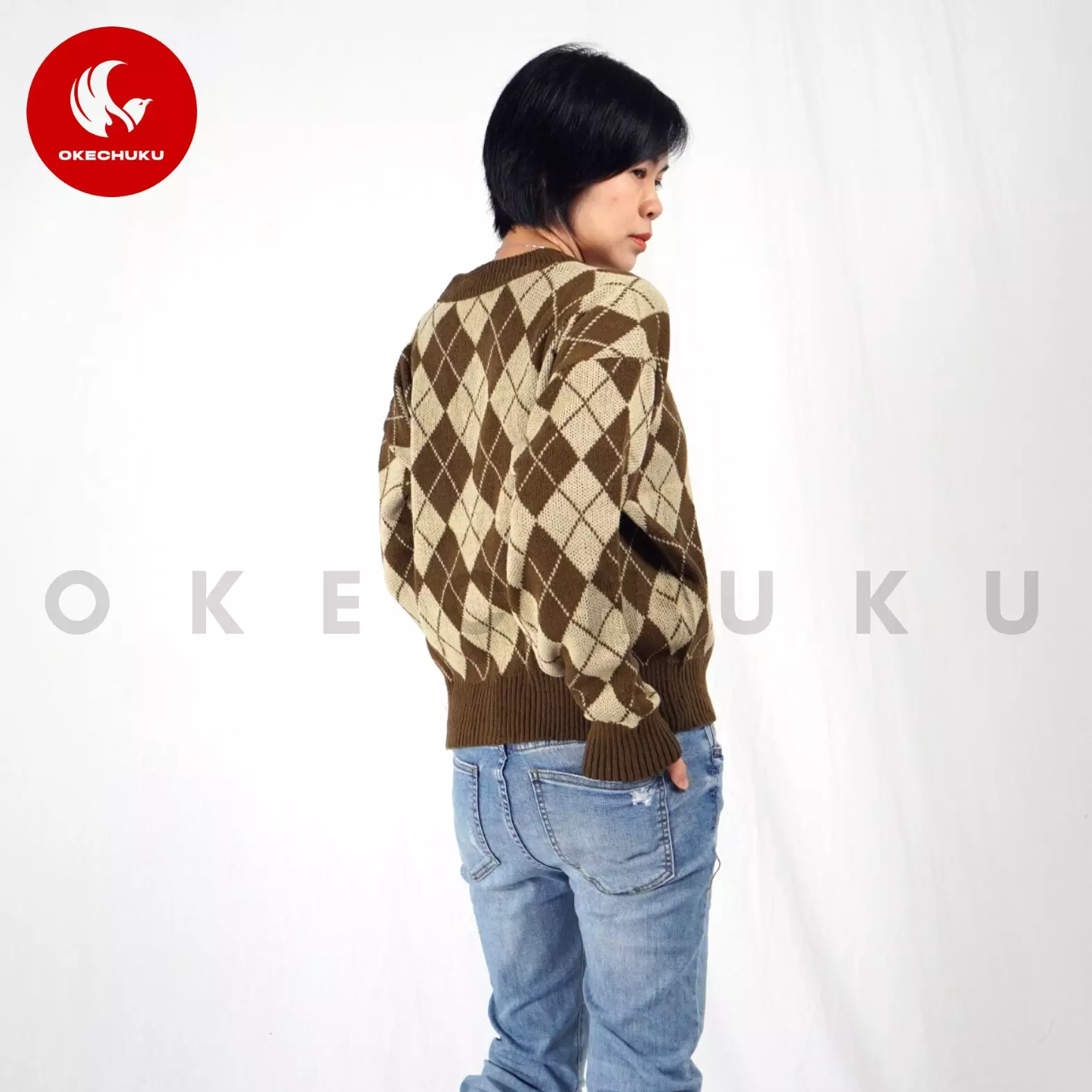  WINDY Cardigan Rajut Wanita Motif Kotak Knit Cardigan Korean Style - BRONZE