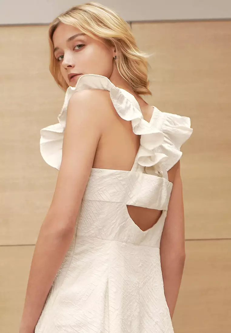 Square Neck Ruffled Detail Textured Midi Dress