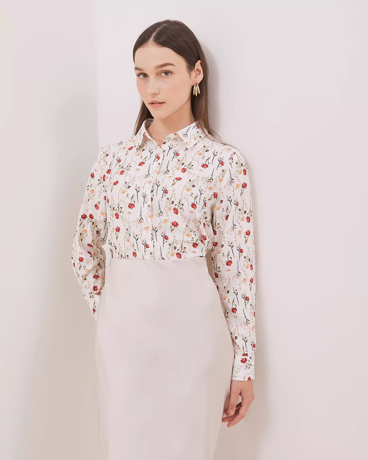 WOMEN'S WHITE FLORAL LONG SHIRT