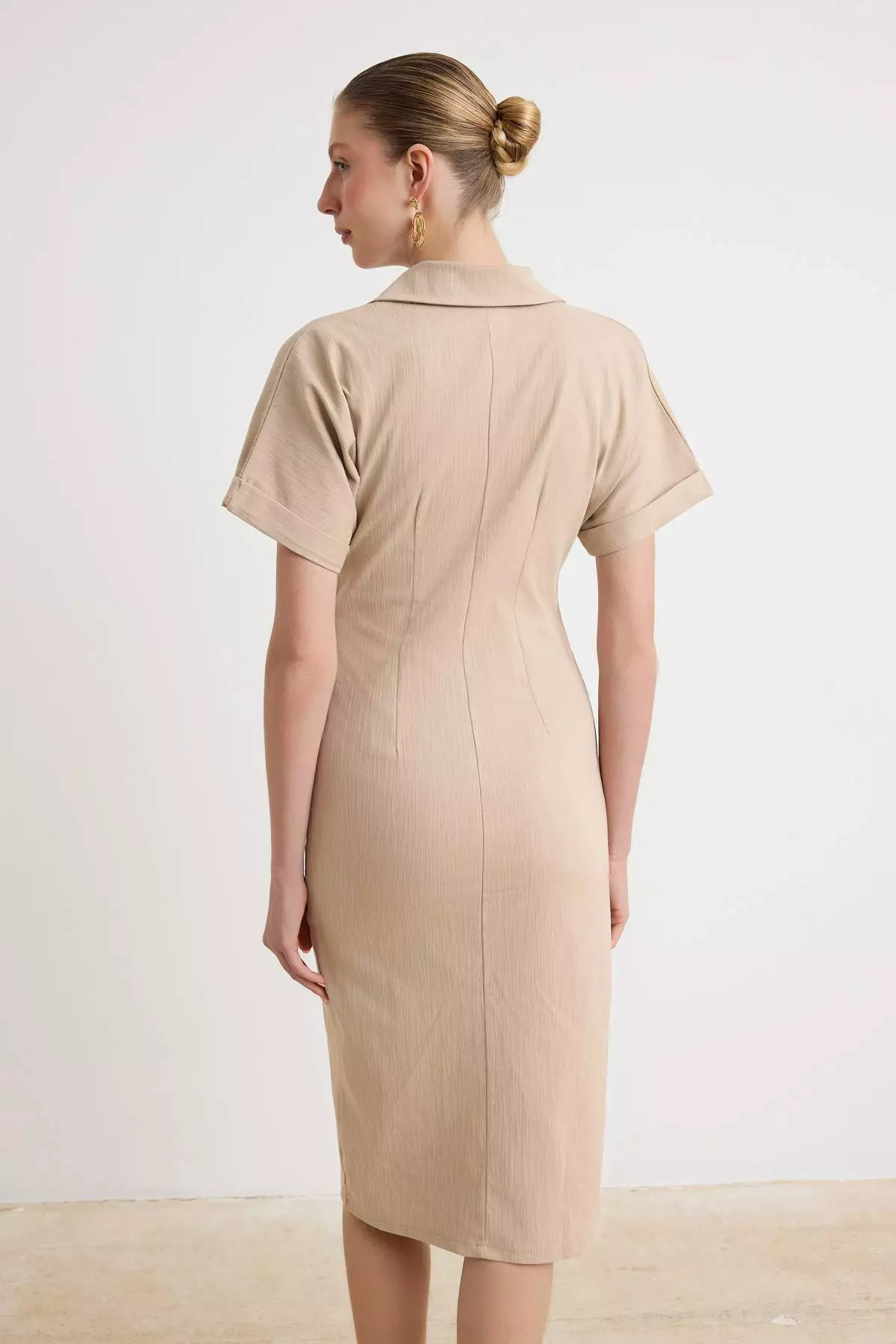Stone Color Buttoned Midi Woven Shirt Dress Twoss26El00084