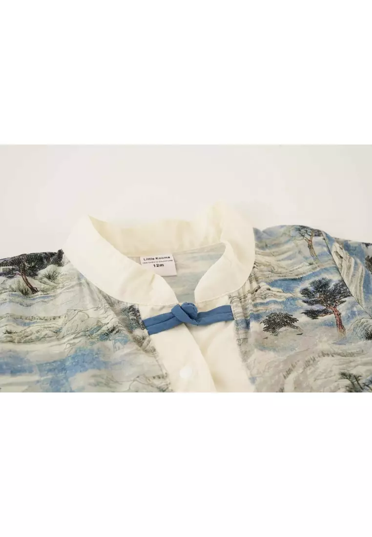 中國風景畫山水房屋嬰兒男孩唐裝漢服連身褲0840