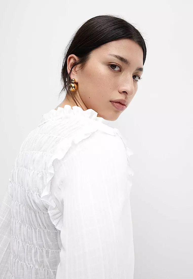 Shirred 3/4 Sleeve Button Through Blouse