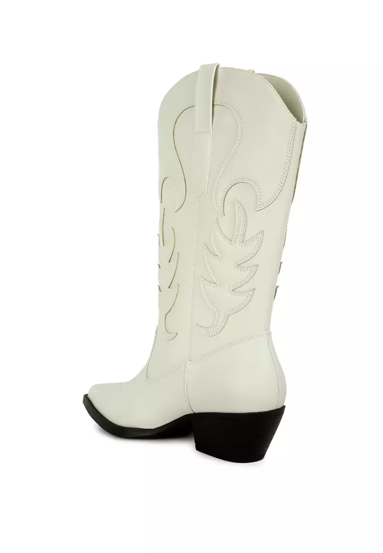 Ecru Embroidered Block Heel Cowboy Boots