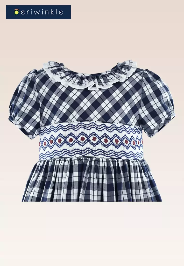 Nika Girls Navy Plaid Smock and Ruffles at Neck Dress