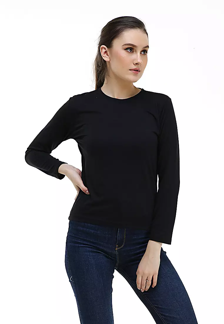 Seth Tshirt Long Sleeve Motif Polos Design Simple Atasan Wanita - Hitam