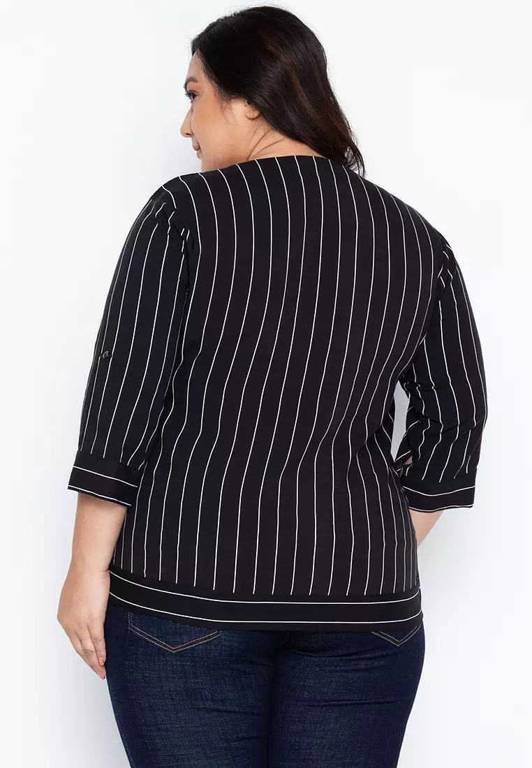 Black Striped Long Sleeve Embroidered Plus Size Women's Blouse by